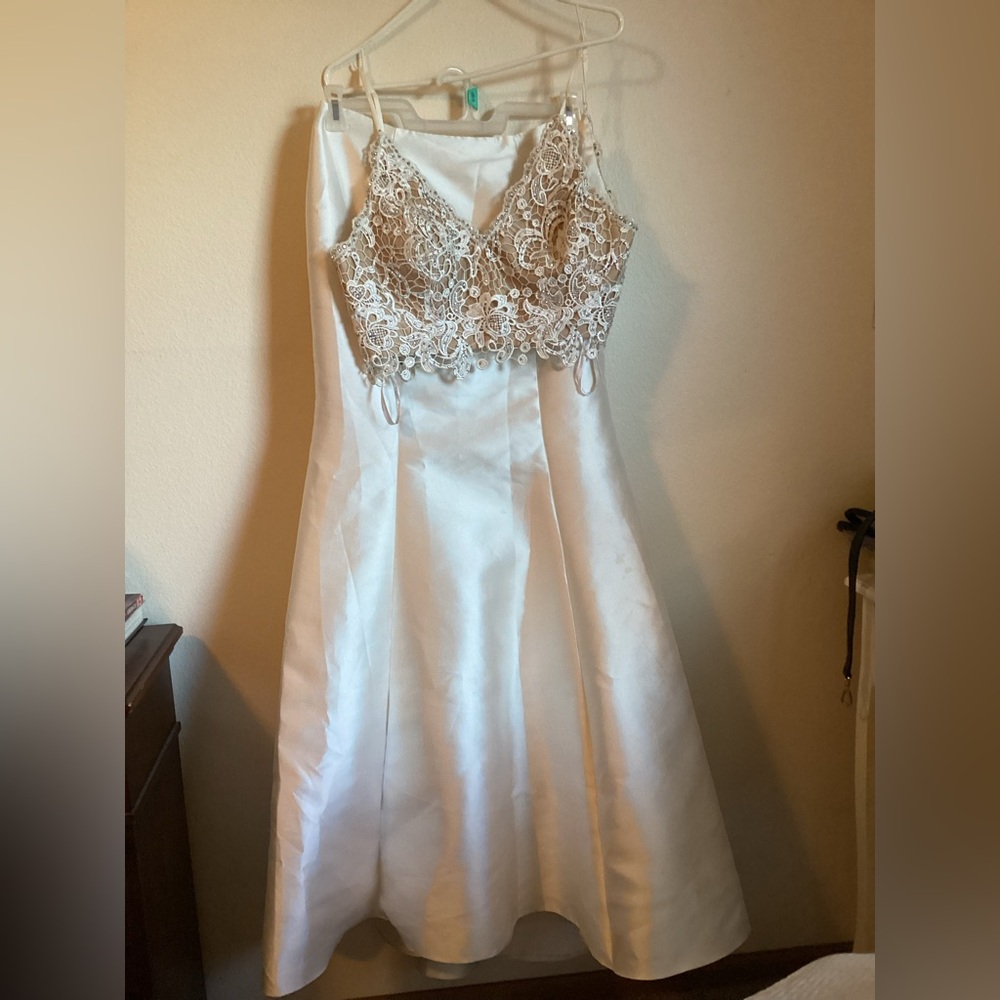 Madison James White and Silver Lace Prom Dress